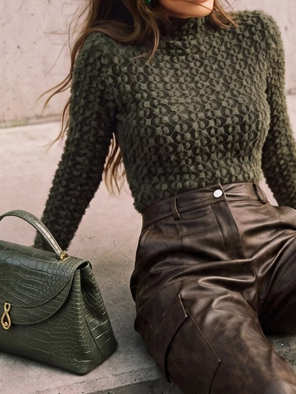 Army Green Elegant Women's Flocked Lace Turtleneck Slim Fit Undershirt Top